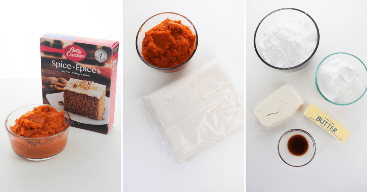 Three-panel image showing ingredients for a pumpkin spice cake. Left: spice cake mix and pumpkin puree. Center: a bag of powder mix. Right: powdered sugar, butter, vanilla extract, and shortening.