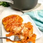 A plate and for with a serving of the skillet lasagna.