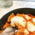 A close up side view of the finished dish.