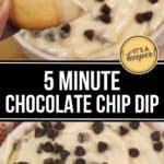 Close-up of a rich Chocolate Chip Dip, topped with mini chocolate chips, with a cookie dipped in; text reads "5 Minute Chocolate Chip Dip.