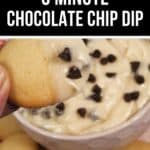 A hand holds a cookie dipped in rich chocolate chip dip, with more cookies and a bowl of creamy chocolate chip dip topped with extra chips in the background.