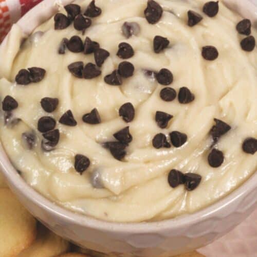 A bowl of creamy Chocolate Chip Dip topped with chocolate chips, surrounded by vanilla wafer cookies, sits on a colorful striped cloth.
