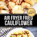 A plate of crispy air fryer fried cauliflower sits golden-brown on a white plate, accompanied by a striped napkin on a gray surface.