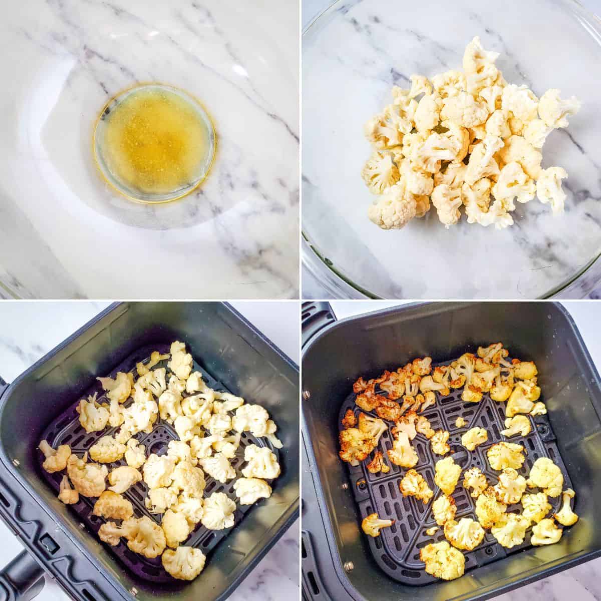 Four images show the process of making air the dish, seasoning in a bowl, adding cauliflower, placing it in the air fryer, and the finished roasted cauliflower.