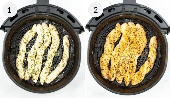 Uncooked breadsticks in air fryer and cooked breadsticks in the air fryer