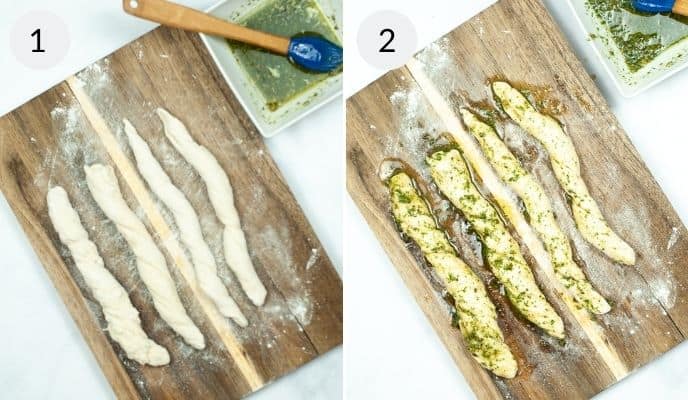 Dough rolled out on cutting board and then herbs painted on them in shot 2.