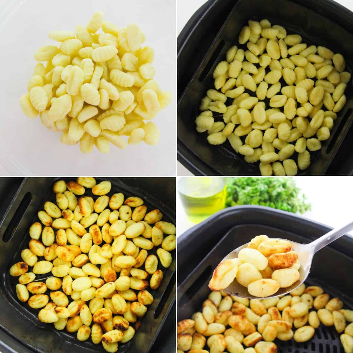 A four-panel image showing uncooked gnocchi, Air Fryer Gnocchi ready to cook, gnocchi turning golden in the air fryer, and a spoon holding crispy cooked gnocchi.