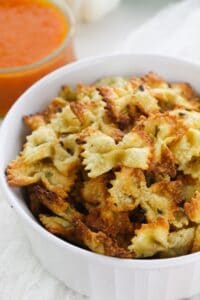 A dish of the air fryer pasta chips.