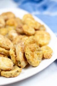 A plate of golden-brown air fryer pickles sits on a white dish, with a blue cloth blurred in the background.