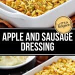 A white casserole dish filled with Apple and Sausage Dressing, topped with a golden, crispy breadcrumb layer.