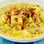 A bowl of bacon cheeseburger soup.