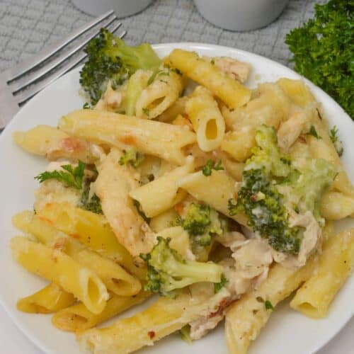 A plate of Baked Chicken and Broccoli Alfredo penne pasta with melted cheese, garnished with parsley, on a white plate with a fork nearby.