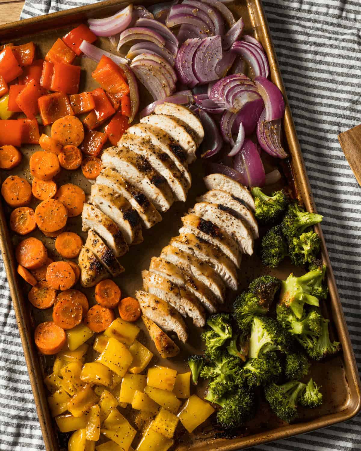 A sheet pan filled with meat and slices, red onions, red and yellow bell peppers, carrots, and broccoli. All items are roasted to perfection and displayed on the pan.