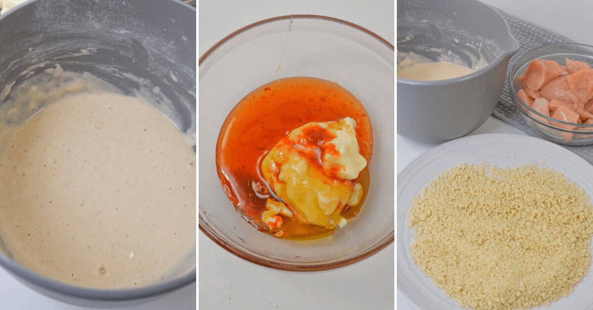 Three images: 1) Bowl with batter mix. 2) Bowl with sriracha, mayo, and honey. 3) Ready-to-cook Bang Bang Chicken setup featuring a bowl of batter alongside plates of raw chicken pieces and breadcrumbs on the countertop.