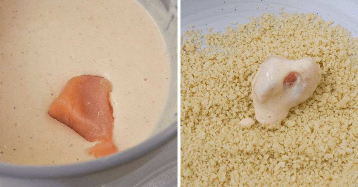 Bang Bang Chicken: a piece in batter on the left and coated with crumbs on the right.