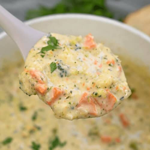 A spoonful of the broccoli cauliflower soup.