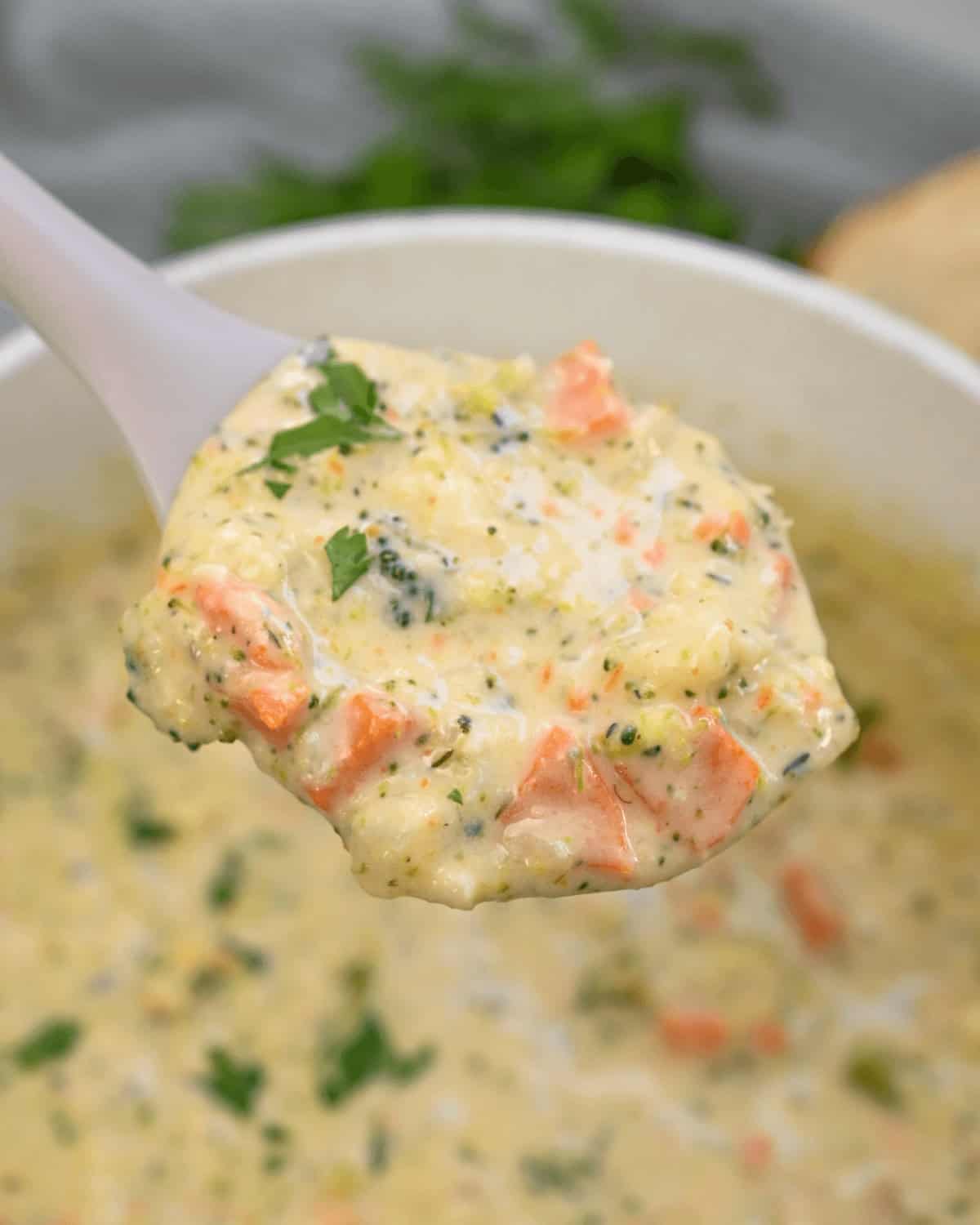 A spoonful of the broccoli cauliflower soup.