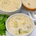 Dishes of the finished broccoli cauliflower soup.