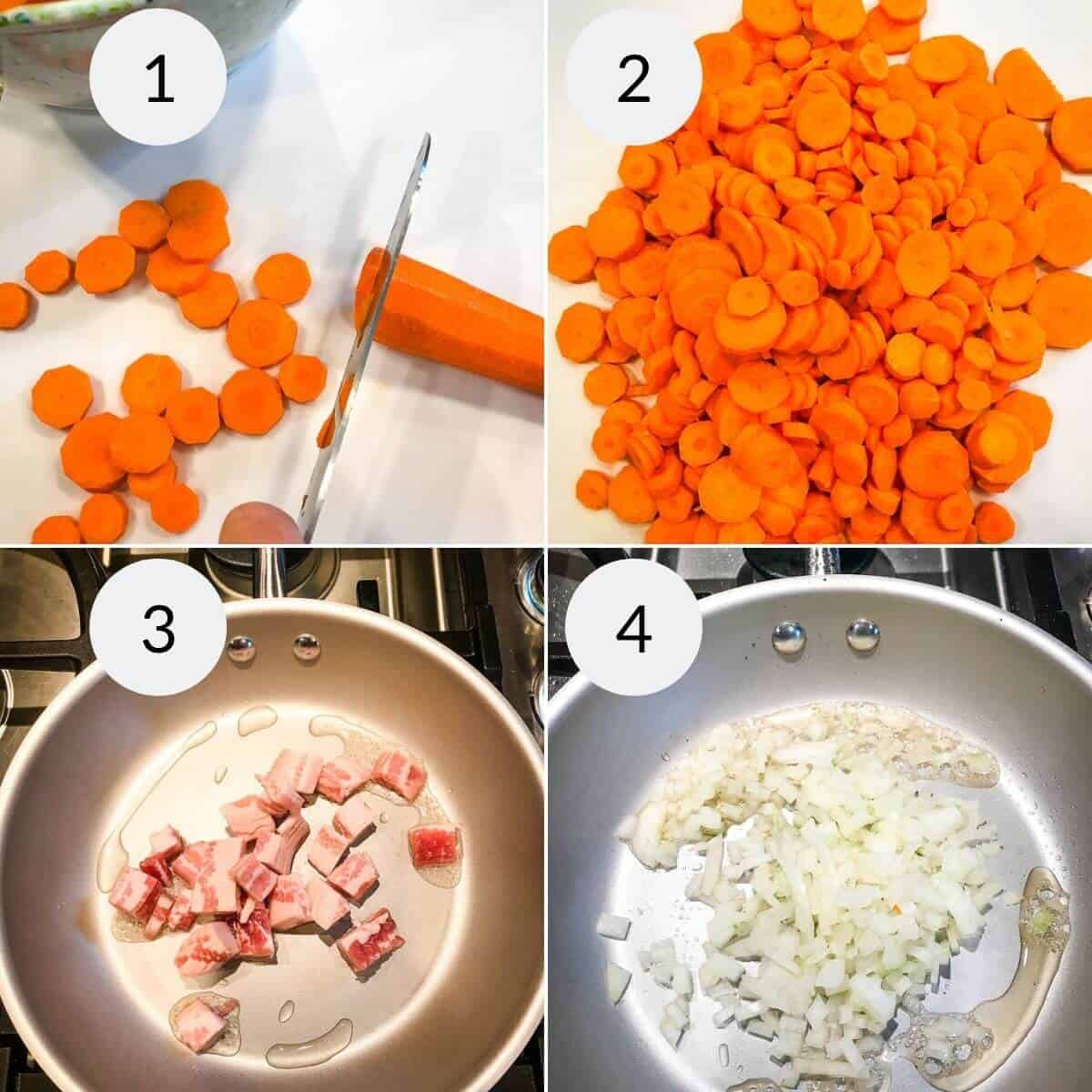 A pile of sliced carrots sits ready, while chopped onions and crispy bacon sizzle in the pan before being lovingly tossed with a hint of brown sugar for a perfect balance of sweetness.