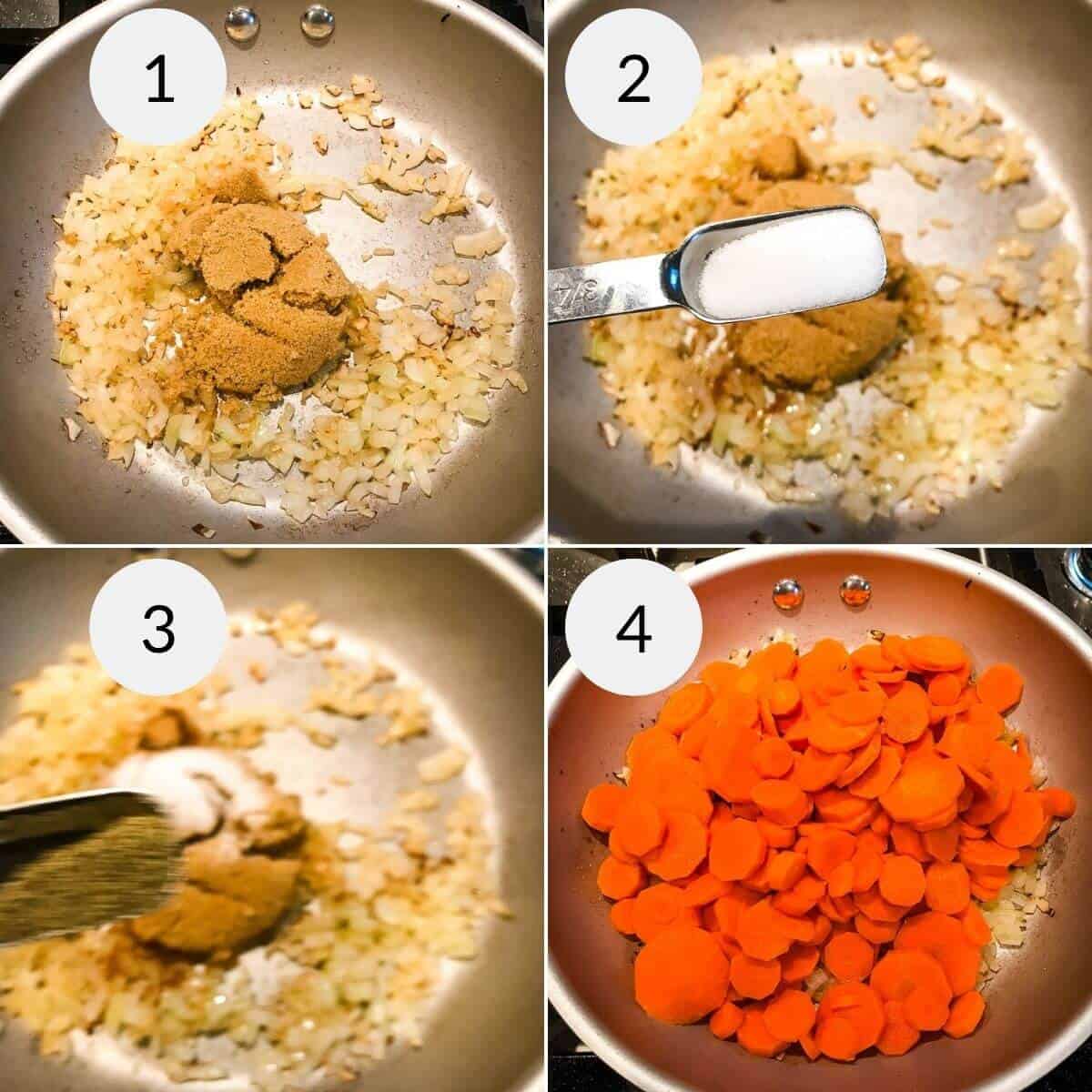 A four-step culinary delight: 1) Caramelize sautéed onions with brown sugar; 2) Add a pinch of salt; 3) Sprinkle pepper for taste; 4) Fold in sliced carrots, bringing the colorful medley to life.
