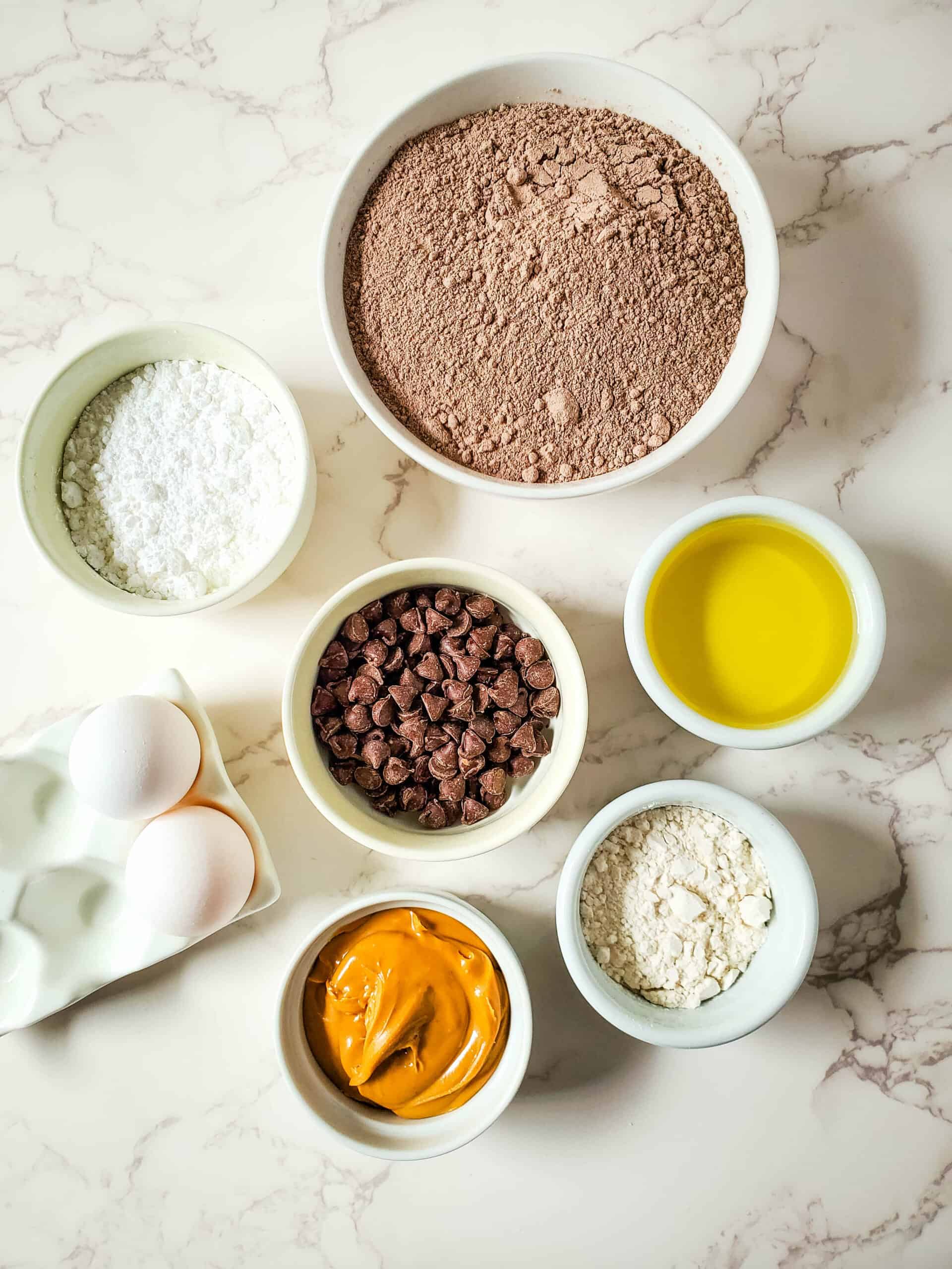 Brownie mix, sugar, chocolate and peanut butter.