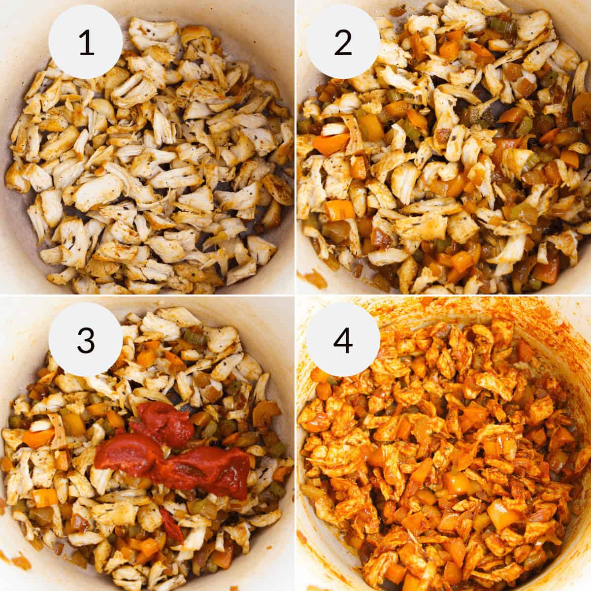 Four-step cooking process: 1. Season seasoned chicken pieces with Cajun spices, 2. Combine chicken with diced vegetables, 3. Stir in tomato paste, 4. Mix chicken and vegetables with rich sauce to create a flavorful Cajun Chicken and Rice dish.