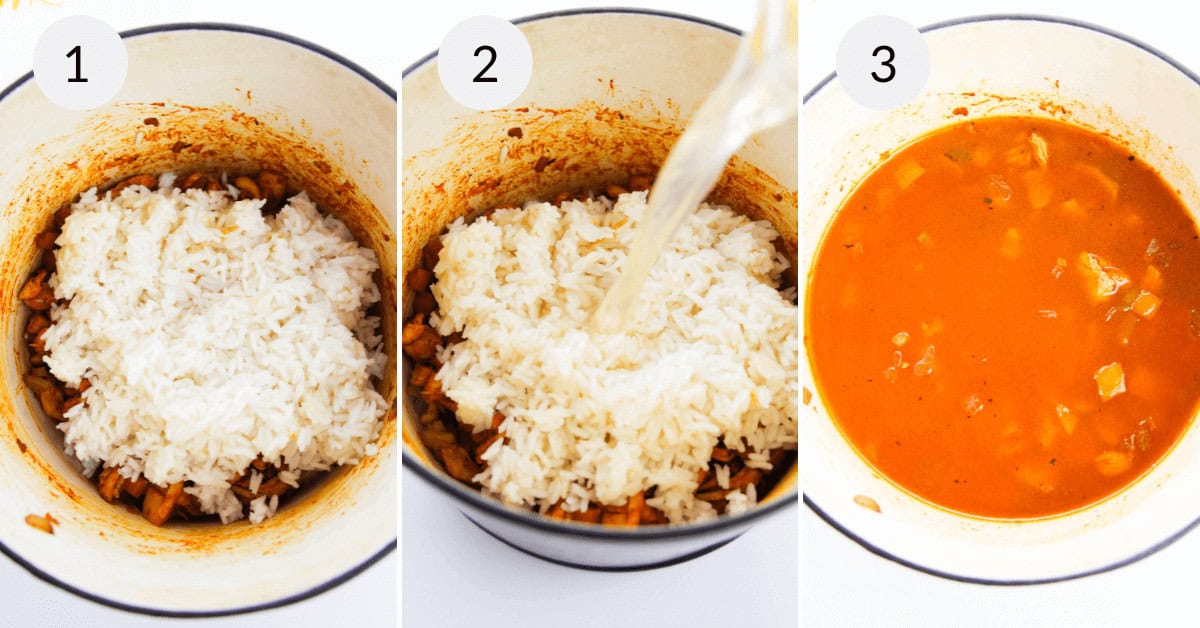 Three-step process of making Cajun Chicken and Rice: 1. Rice added to cooked mix. 2. Liquid poured into pot. 3. Mixture becomes a soup-like consistency.