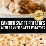 A serving of Candied Sweet Potatoes with Canned Sweet Potatoes topped with toasted marshmallows on a plate, with a casserole dish and more marshmallows in the background.