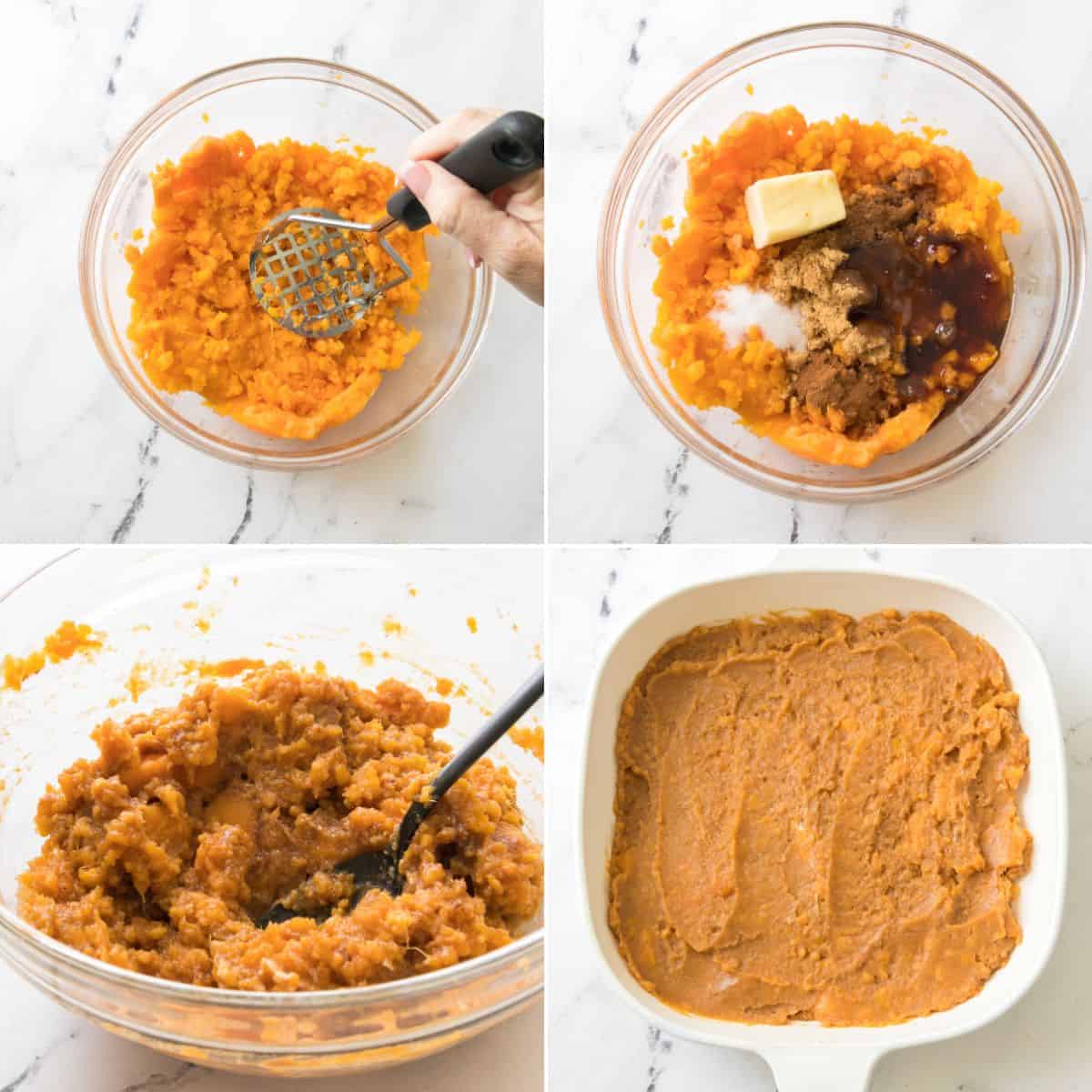 Four images show the process of making candied sweet potatoes with canned sweet potatoes: mashing, adding ingredients, mixing, and spreading the mixture in a baking dish.
