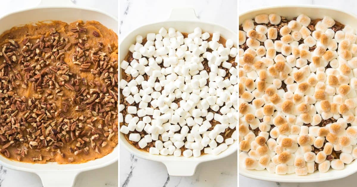 Three panels show Candied Sweet Potatoes with Canned Sweet Potatoes being prepared: topped with pecans, then mini marshmallows, then baked until marshmallows are golden brown.