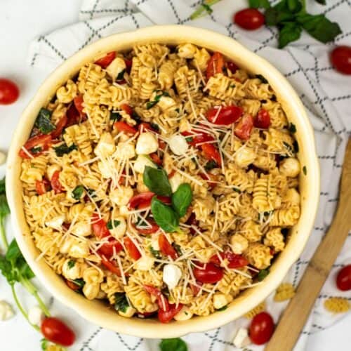 A top shot of the caprese balsamic pasta salad.