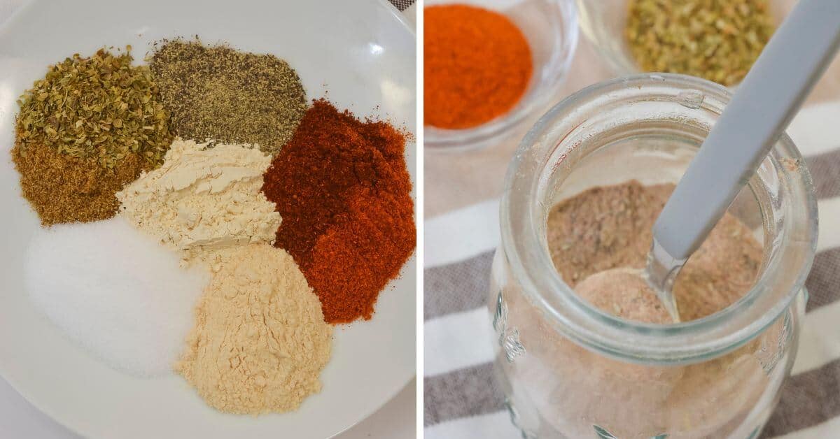 A plate with piles of various spices, like oregano, black pepper, paprika, onion powder, garlic powder, and salt—perfect for making carnitas seasoning—beside a jar of mixed seasoning with a spoon.