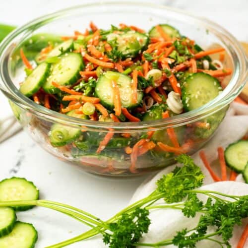 A glass bowl filled with a fresh Carrot and Cucumber Salad—sliced cucumbers, shredded carrots, green onions, and herbs—garnished with cucumber slices and parsley on the side.