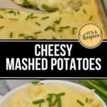 A serving of Cheesy Mashed Potatoes garnished with chopped chives, shown in a bowl and on a serving spoon for the perfect comfort food side dish.
