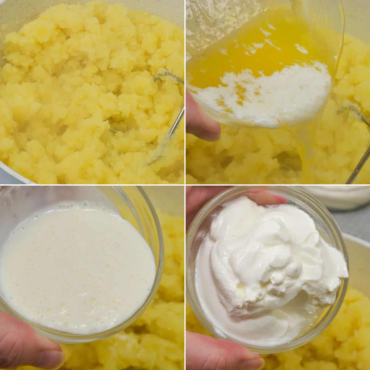 Four images show mashed potatoes, melted butter being poured in, a bowl of milk, and a bowl of sour cream—classic ingredients for making Cheesy Mashed Potatoes with an irresistibly creamy texture.