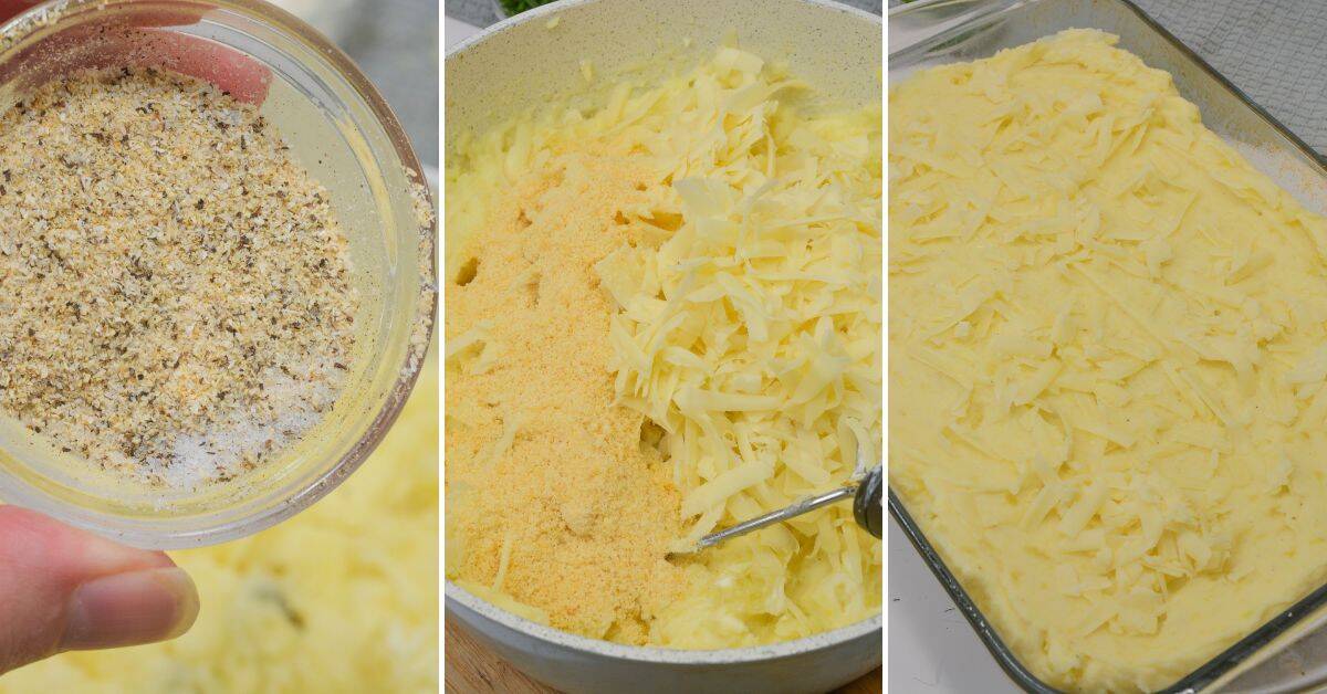 Three-step collage showing: a bowl of seasoning, a bowl of shredded cheese and other ingredients being mixed for Cheesy Mashed Potatoes, and a baking dish with the cheesy mixture topped and ready to bake.