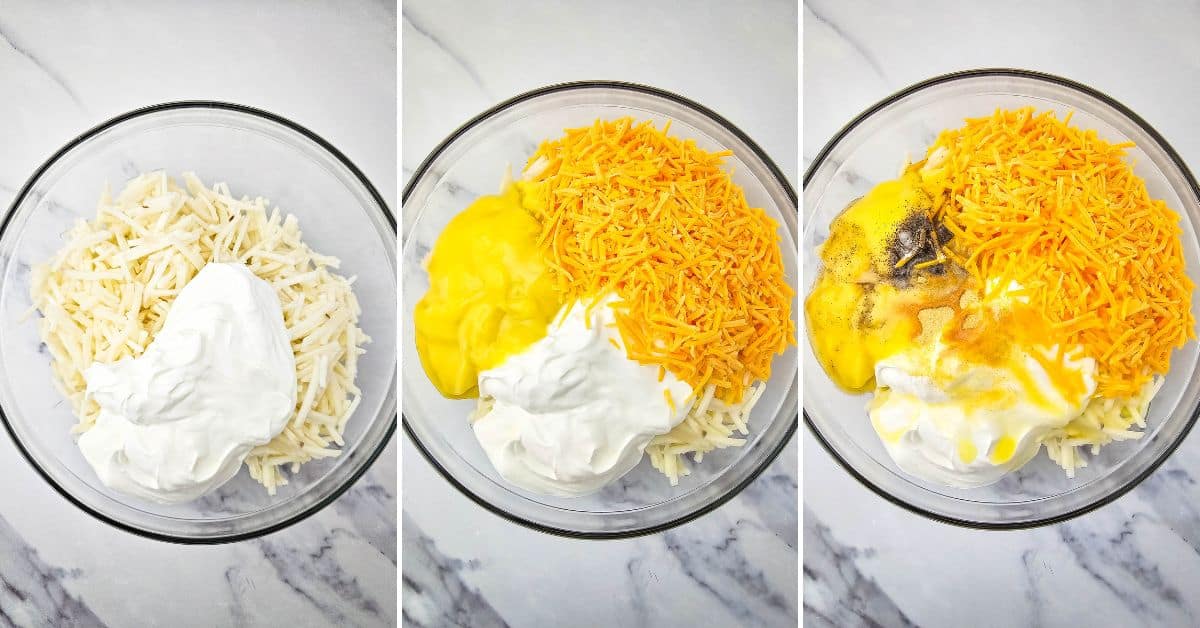 Three glass bowls show step-by-step mixing of shredded potatoes, sour cream, shredded cheddar cheese, soup, and seasonings on a marble countertop.