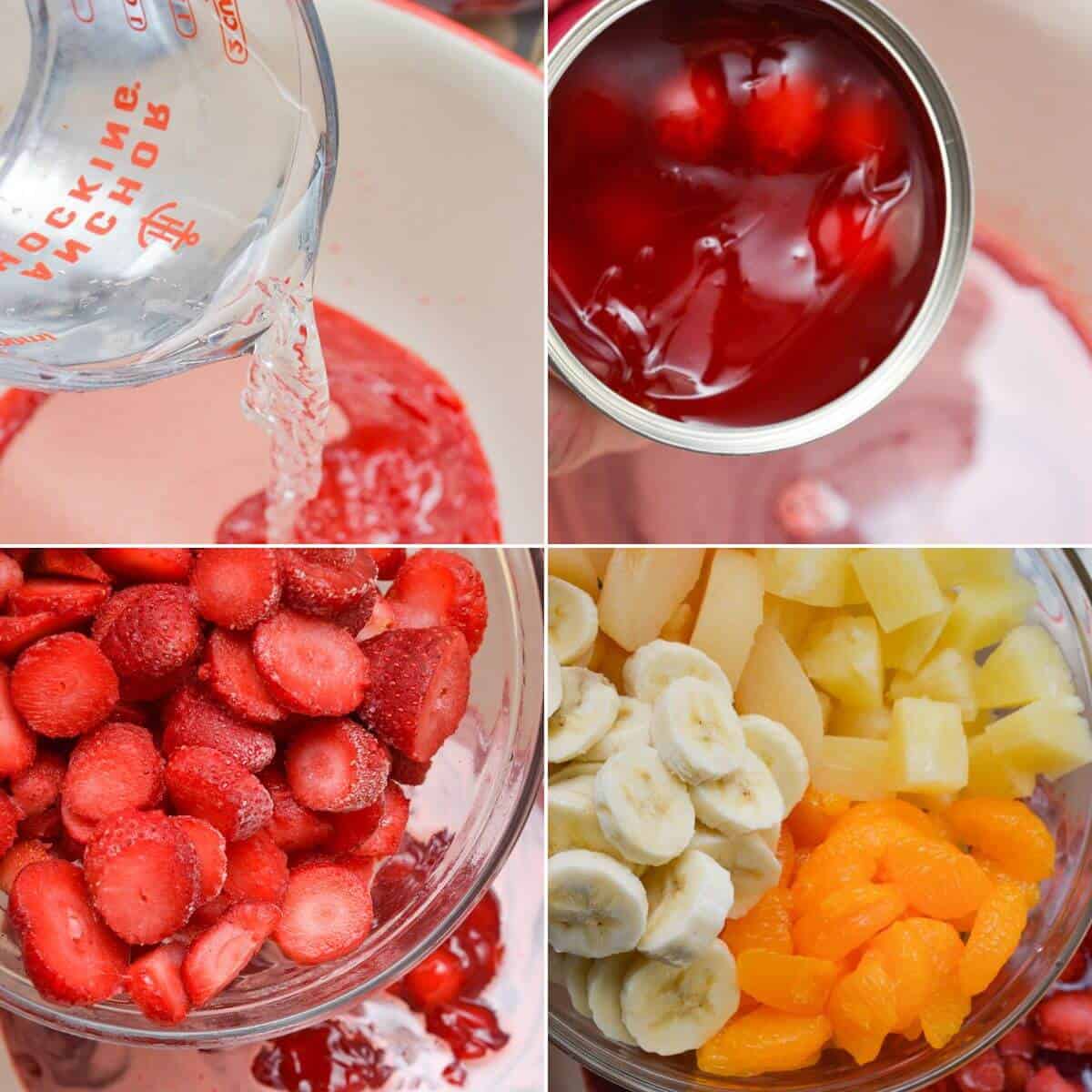 Mixing all the ingredients together to form the dessert salad.