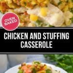 Savor the classic Chicken and Stuffing Casserole, a delightful blend of corn, peas, and carrots, all topped with fragrant herbs.