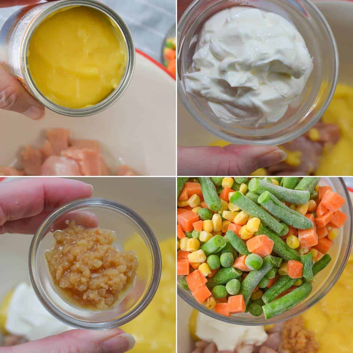 Collage of four images featuring Chicken and Stuffing Casserole ingredients: chicken with cream soup, a bowl of sour cream, minced garlic, and mixed vegetables like green beans, corn, peas, and carrots.
