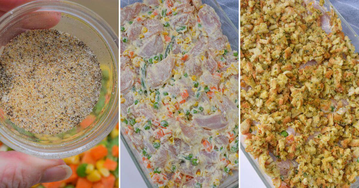 Prepare a delicious Chicken and Stuffing Casserole in three simple steps: Season chicken, vegetables, and sauce in a bowl, then layer them with stuffing in a baking dish.