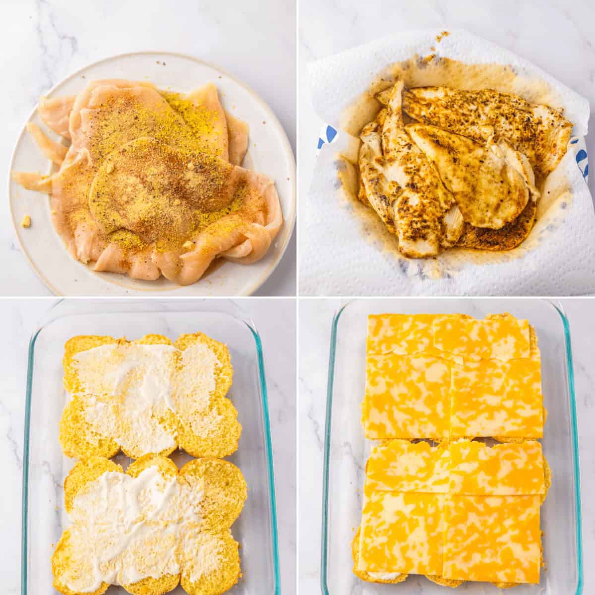 Four-step process to make a dish: 1) Raw chicken breasts seasoned with spices; 2) Cooked, golden-brown chicken on a paper towel; 3) Coated chicken in breadcrumbs and cream in a baking dish; 4) Topped with cheese for delicious Chicken Bacon Ranch Sliders.