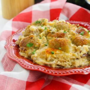 A serving of Chicken Bacon Ranch Tater Tot Casserole with a breaded topping and creamy filling on a red plate, placed on a red and white checkered cloth.