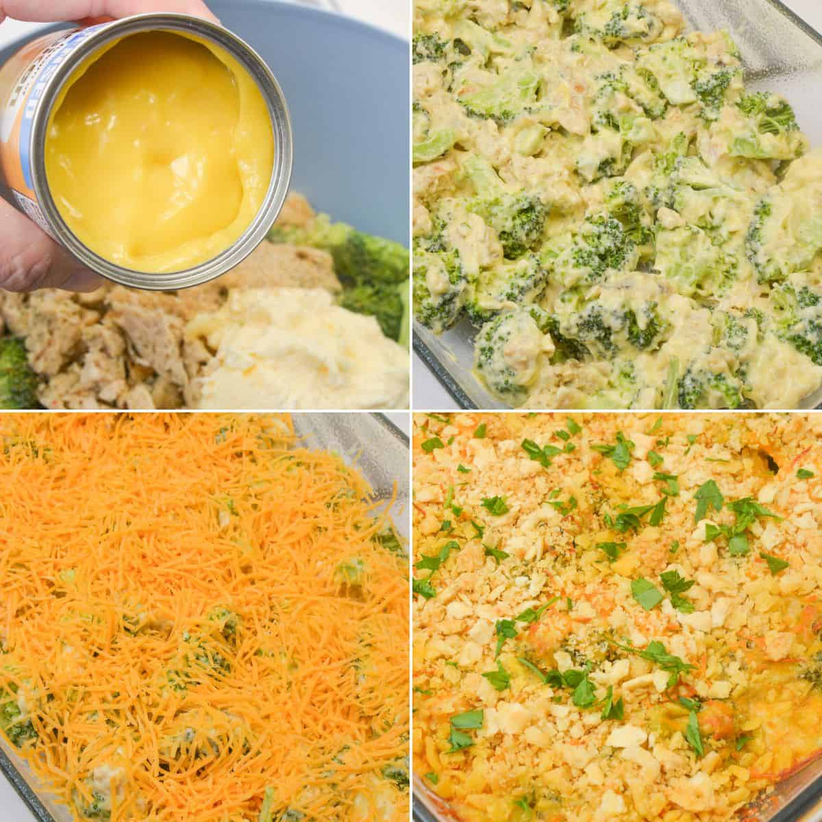 Four-step collage showing the process of making a casserole: adding soup, mixing ingredients, topping with cheese, and the final baked dish with a cracker topping.