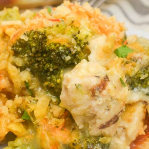 Close-up of a serving of cheesy Chicken Broccoli Divan casserole on a white plate, with a fork and casserole dish in the background.
