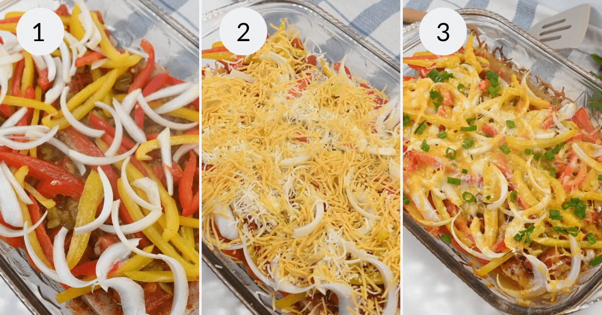 Three-step process of making a Chicken Fajita Casserole: Step 1 shows chopped vegetables in a baking dish, Step 2 shows the dish covered in shredded cheese, and Step 3 shows the baked casserole with melted cheese and garnish.