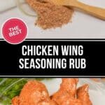 A glass bowl spills flavorful Chicken Wing Seasoning Rub onto the surface with a wooden spoon, while seasoned raw chicken wings are displayed in a glass dish below.