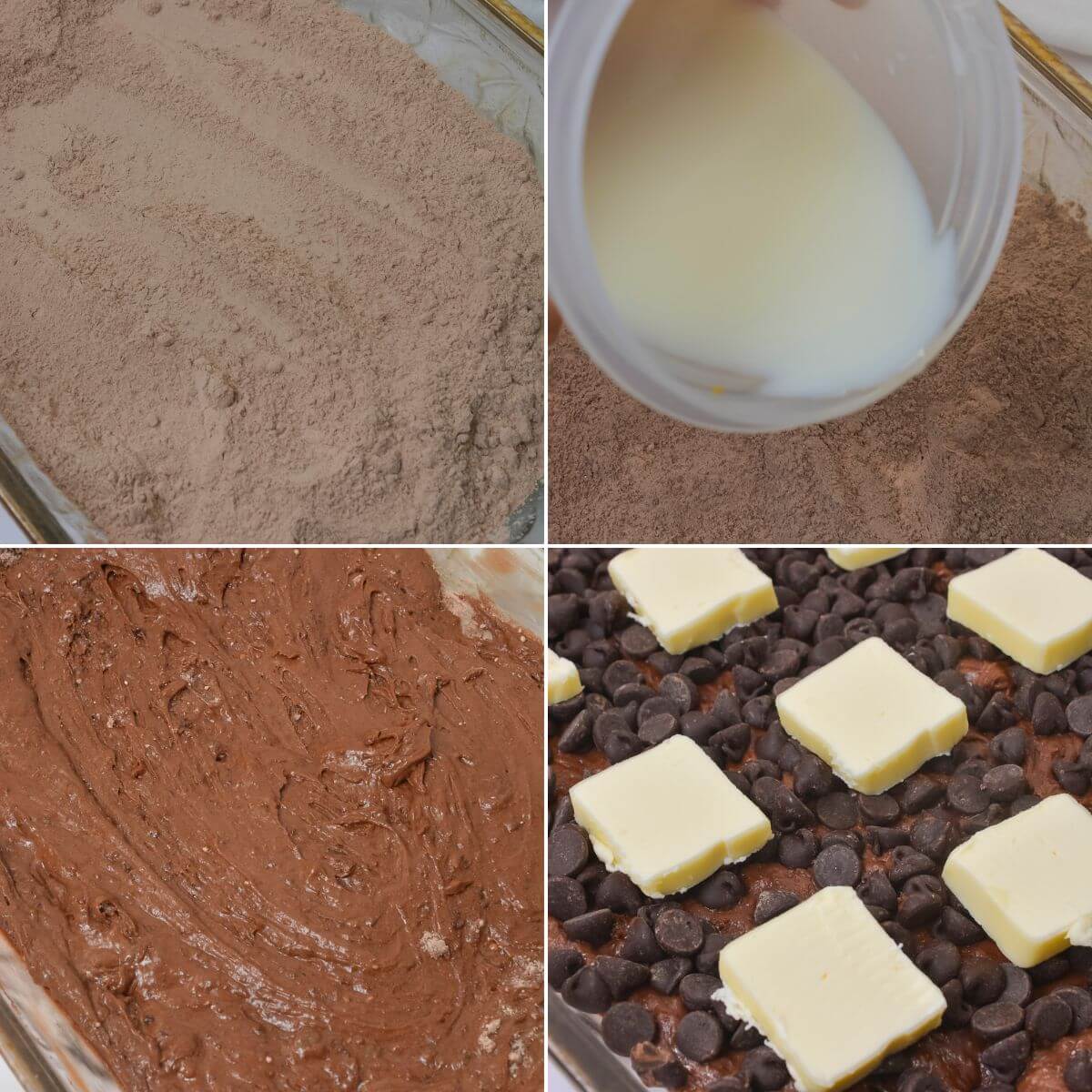 Four-photo collage showing chocolate cake dump cake mix, milk being poured, mixed batter, and a topping of chocolate chips with butter pats.