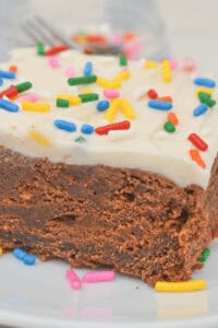 A chocolate cake reminiscent of a delectable chocolate cake with white icing, is adorned with vibrant sprinkles and elegantly presented on a plate.