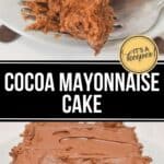 Close-up views of a rich slice of Cocoa Mayonnaise Cake with luscious chocolate frosting, one image capturing a fork taking a bite. Text in the center reads "Cocoa Mayonnaise Cake.